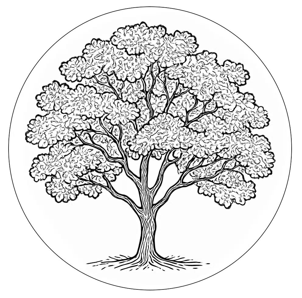 Illustration d'un arbre détaillé avec un cadre circulaire